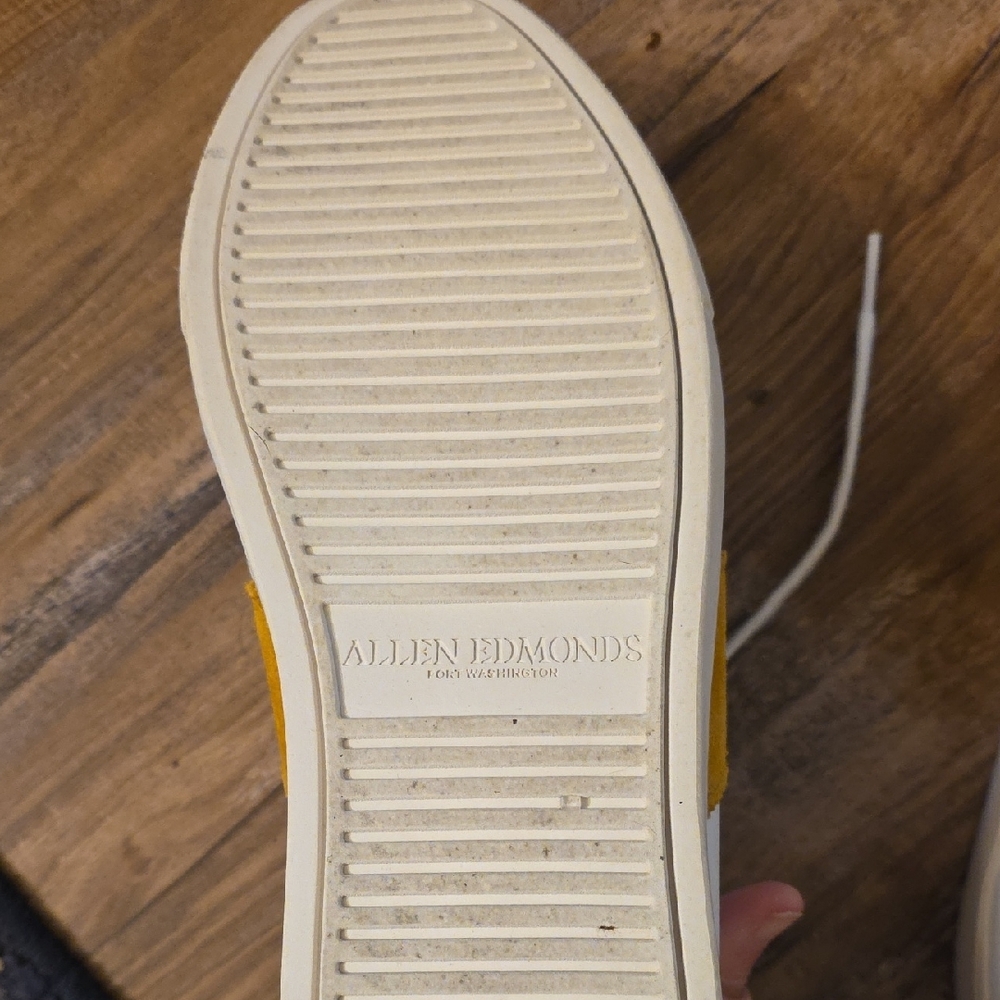 Allen Edmonds White Leather Sneakers with Mustard Accents - Picture 9 of 9